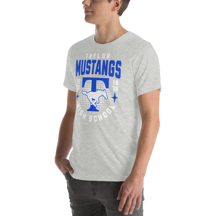 Man wearing Taylor High School Mustangs Grey Premium Unisex T-shirt 204
