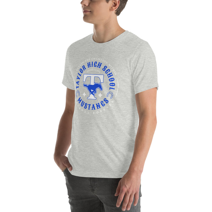 Man wearing Taylor High School Mustangs Grey Premium Unisex T-shirt 214