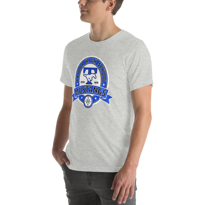 Man wearing Taylor High School Mustangs Grey Premium Unisex T-shirt 212