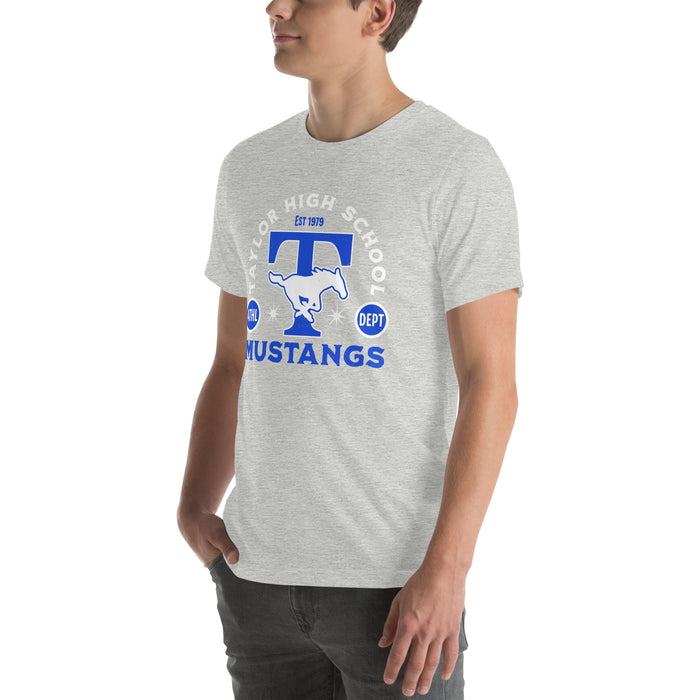 Man wearing Taylor High School Mustangs Grey Premium Unisex T-shirt 208