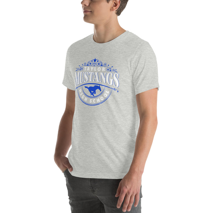 Man wearing Taylor High School Mustangs Grey Premium Unisex T-shirt 211