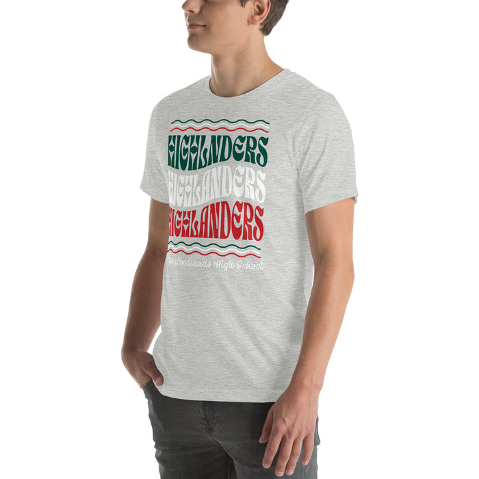 Man wearing The Woodlands High School Highlanders Athletic Heather Premium Unisex T-shirt 227