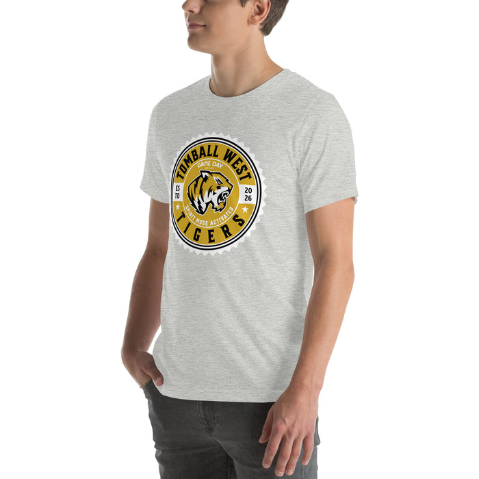 Man wearing Tomball West High School Tigers Grey Premium Unisex T-shirt 203