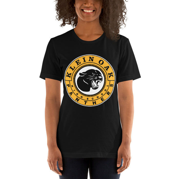 Woman wearing a Klein Oak High School Panthers Premium Unisex T-shirt 02