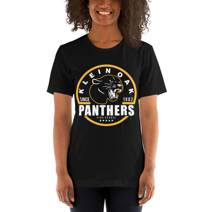 Woman wearing a Klein Oak High School Panthers Premium Unisex T-shirt 04