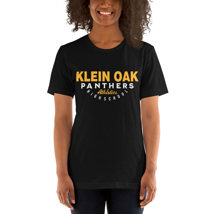 Woman wearing a Klein Oak High School Panthers Premium Unisex T-shirt 12