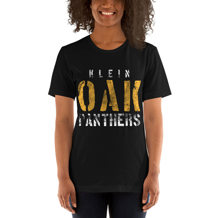 Woman wearing a Klein Oak High School Panthers Premium Black Unisex T-shirt 17