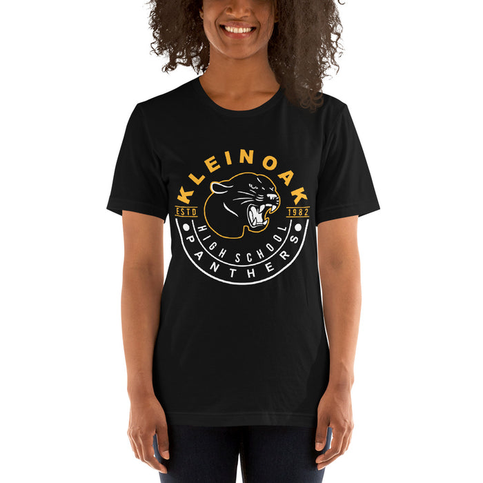 Woman wearing a Klein Oak High School Panthers Premium Black Unisex T-shirt 19