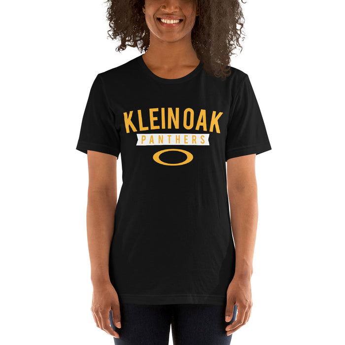 Woman wearing a Klein Oak High School Panthers Premium Black Unisex T-shirt 21