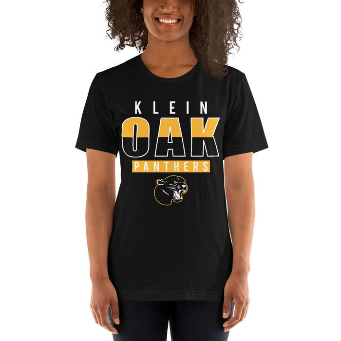 Woman wearing a Klein Oak High School Panthers Premium Black Unisex T-shirt 23