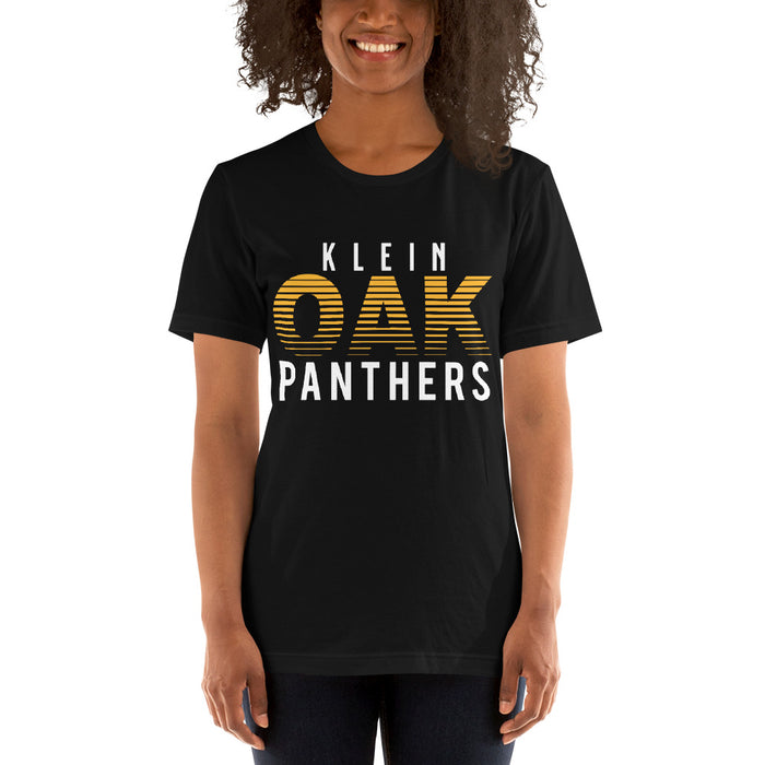 Woman wearing a Klein Oak High School Panthers Premium Unisex T-shirt 24