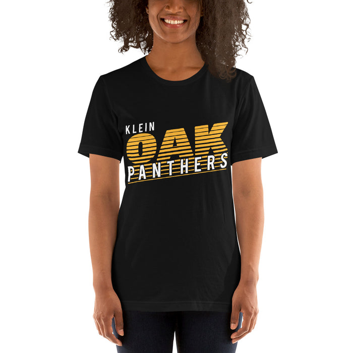 Woman wearing a Klein Oak High School Panthers Premium Black Unisex T-shirt 32