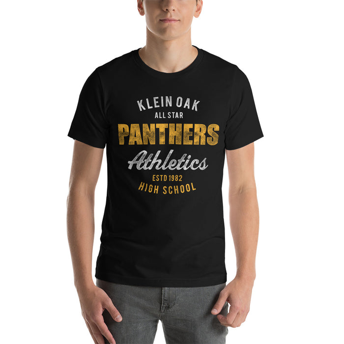 Man wearing a Klein Oak High School Panthers Premium Black Unisex T-shirt 34