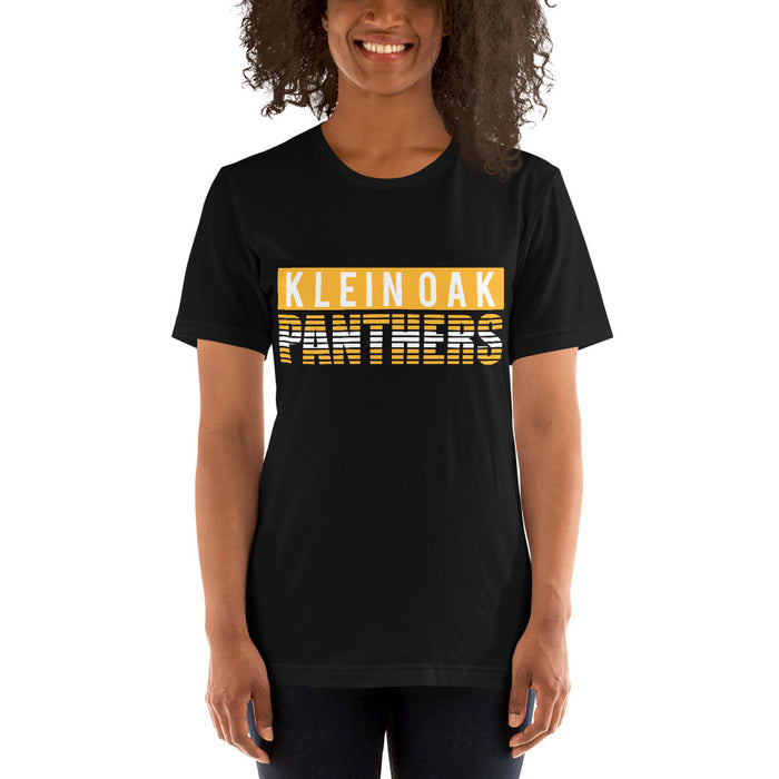 Woman wearing a Klein Oak High School Panthers Premium Black Unisex T-shirt 35