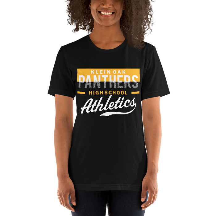 Woman wearing a Klein Oak High School Panthers Premium Black Unisex T-shirt 48