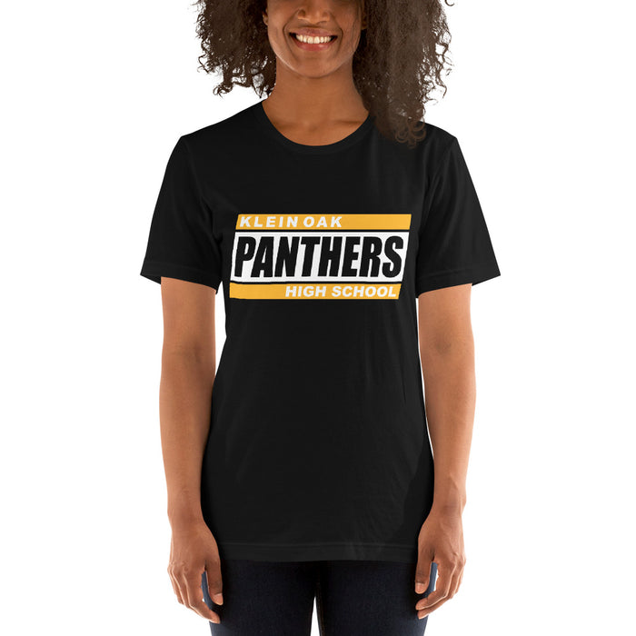 Woman wearing a Klein Oak High School Panthers Premium Black Unisex T-shirt 72