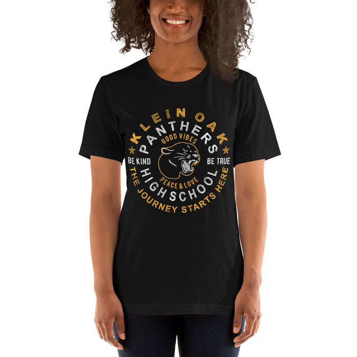 Woman wearing a Klein Oak High School Panthers Premium Black Unisex T-shirt 16