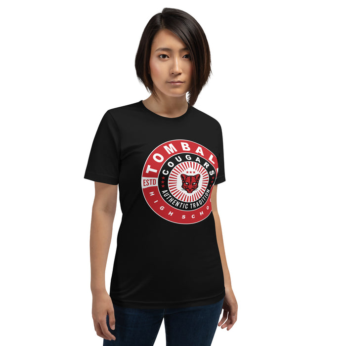 Woman wearing a Tomball High School Cougars Premium Black Unisex T-shirt 30