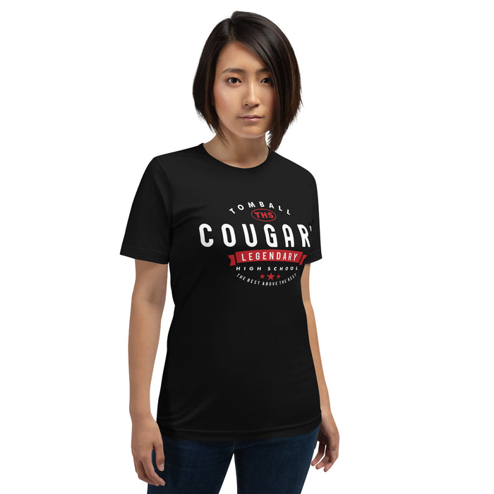 Woman wearing a Tomball High School Cougars Premium Black Unisex T-shirt 44