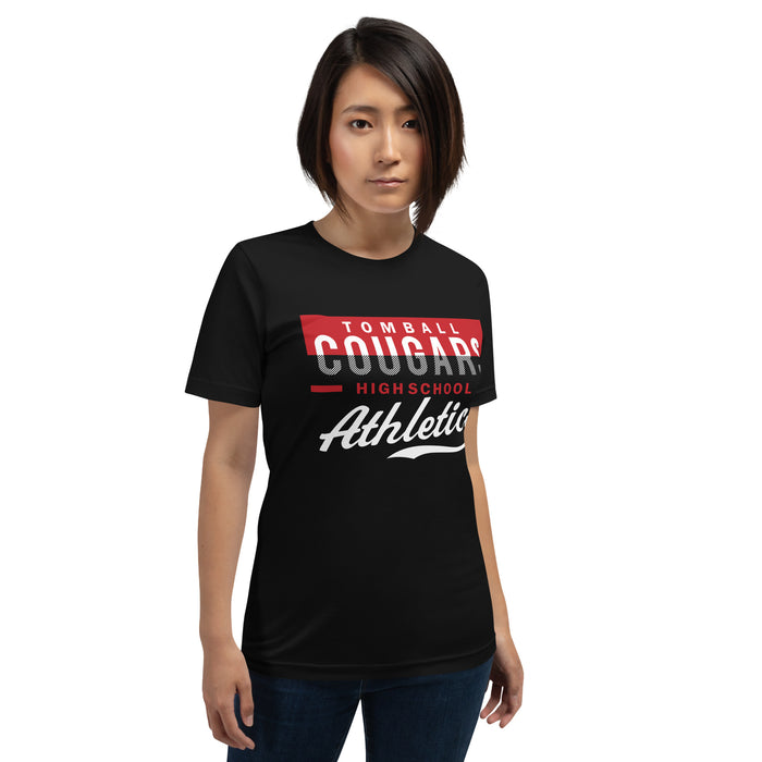 Woman wearing a Tomball High School Cougars Premium Black Unisex T-shirt 48