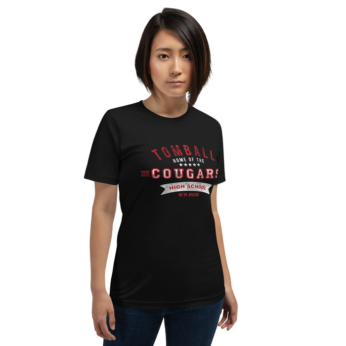 Woman wearing a Tomball High School Cougars Premium Black Unisex T-shirt 96