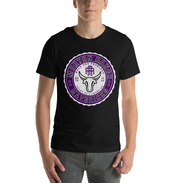 Man wearing a Morton Ranch High School Mavericks Premium Black Unisex T-shirt 204