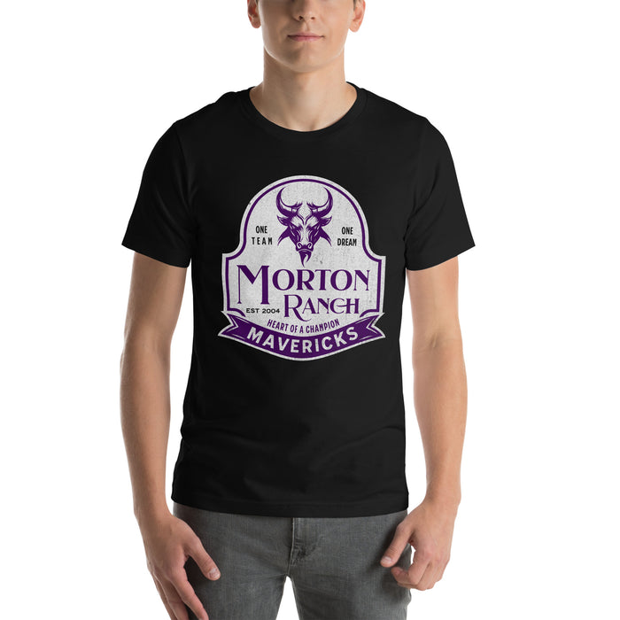 Man wearing a Morton Ranch High School Mavericks Premium Black Unisex T-shirt 210