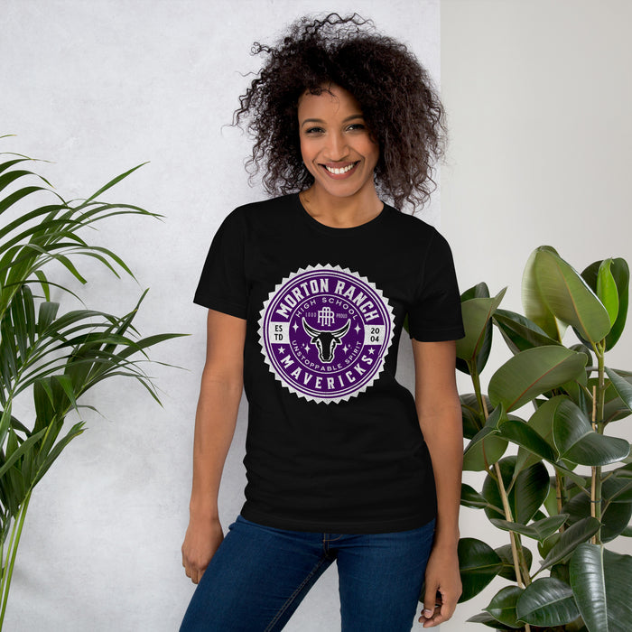 Woman wearing a Morton Ranch High School Mavericks Premium Black Unisex T-shirt 213