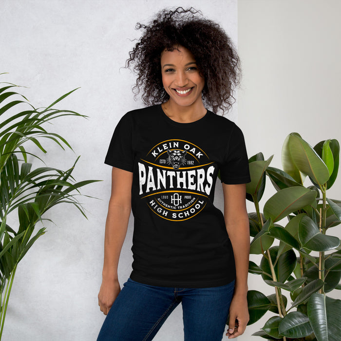 Woman wearing a Klein Oak High School Panthers Premium Black Unisex T-shirt 203