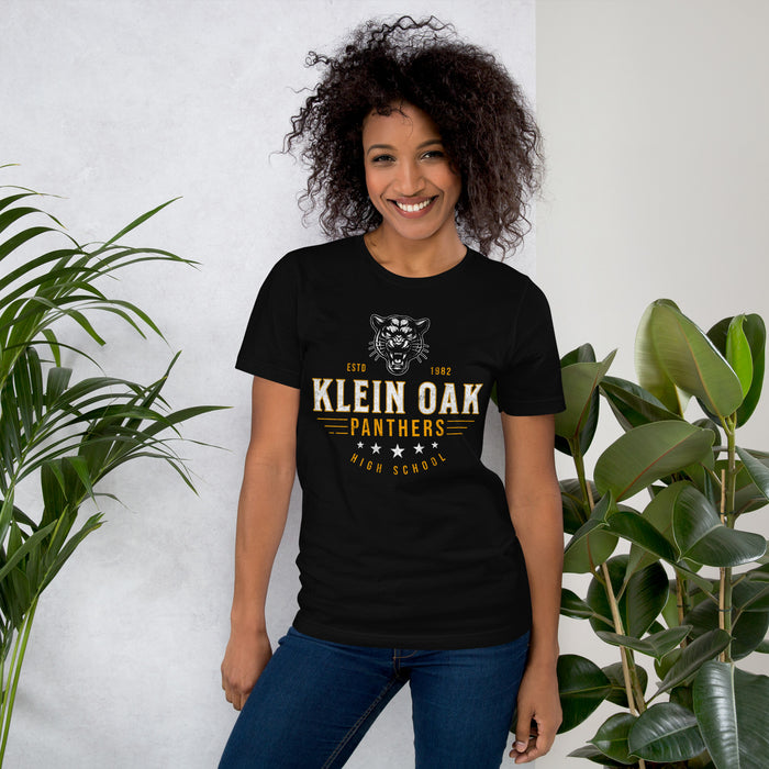 Woman wearing a Klein Oak High School Panthers Premium Black Unisex T-shirt 204