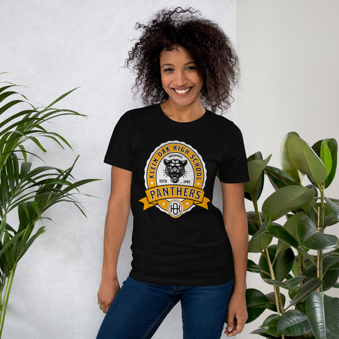 Woman wearing a Klein Oak High School Panthers Premium Black Unisex T-shirt 209