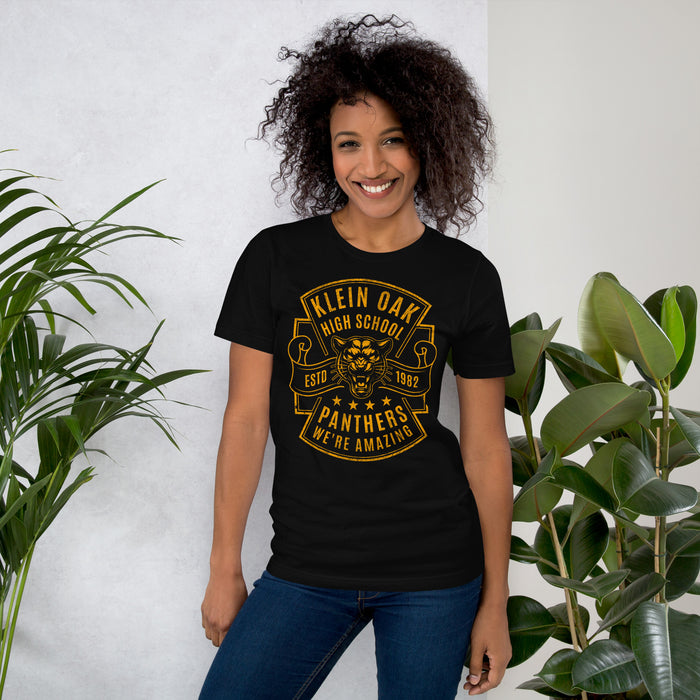 Woman wearing a Klein Oak High School Panthers Premium Black Unisex T-shirt 212