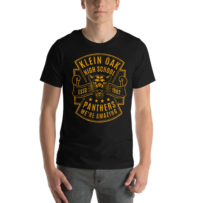 Man wearing a Klein Oak High School Panthers Premium Black Unisex T-shirt 212