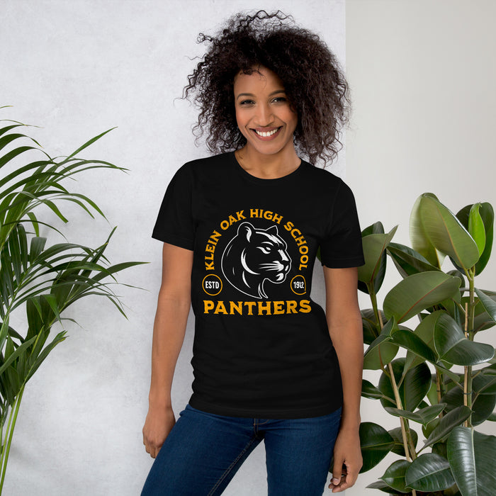 Woman wearing a Klein Oak High School Panthers Premium Black Unisex T-shirt 213