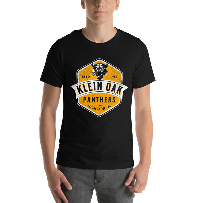 Man wearing a Klein Oak High School Panthers Premium Black Unisex T-shirt 214