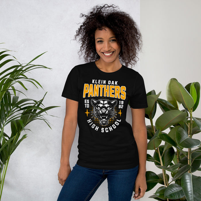 Woman wearing a Klein Oak High School Panthers Premium Black Unisex T-shirt 217