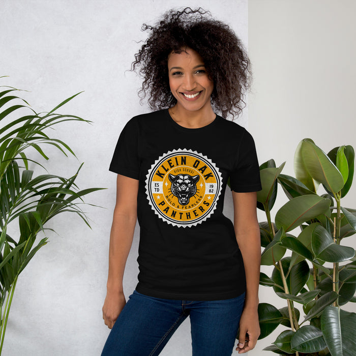 Woman wearing a Klein Oak High School Panthers Premium Black Unisex T-shirt 219