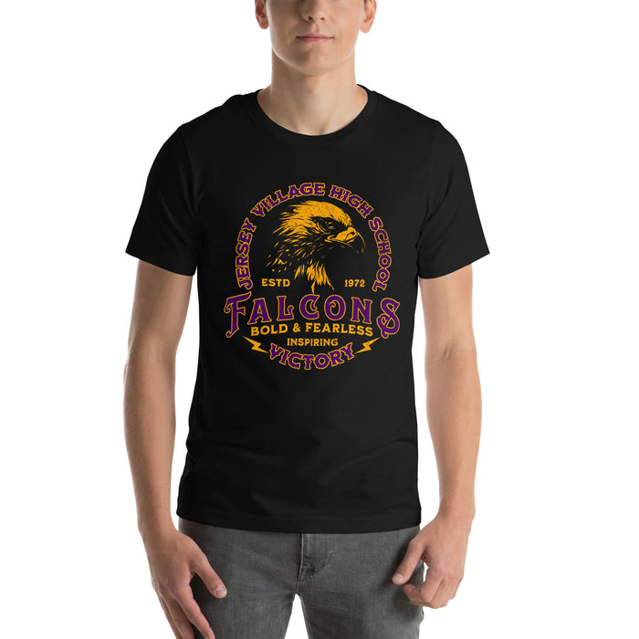 Man wearing a Jersey Village High School Falcons Black Premium Unisex T-shirt 209