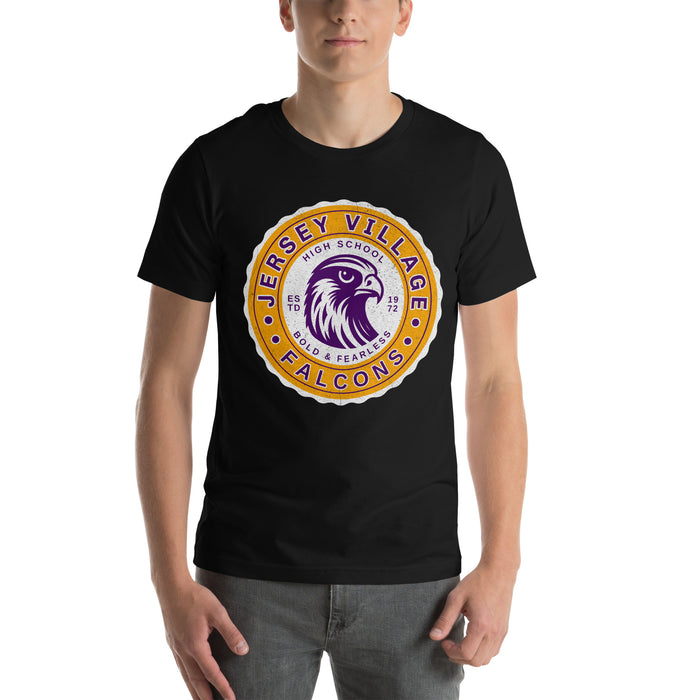 Man wearing a Jersey Village High School Falcons Black Premium Unisex T-shirt 216