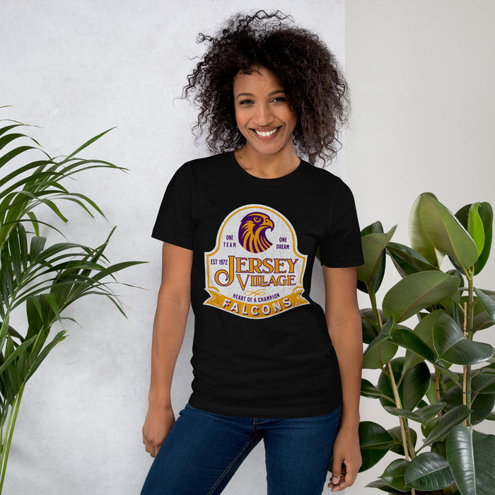 Woman wearing a Jersey Village High School Falcons Black Premium Unisex T-shirt 218