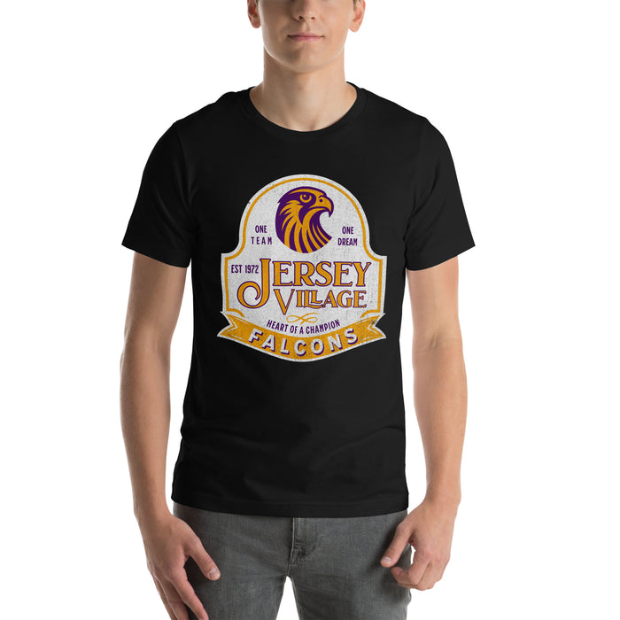 Man wearing a Jersey Village High School Falcons Black Premium Unisex T-shirt 218