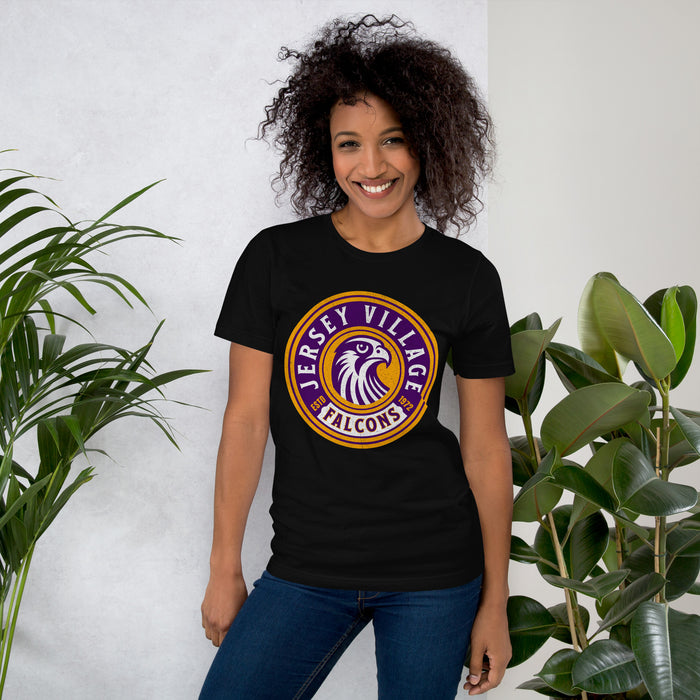 Woman wearing a Jersey Village High School Falcons Black Premium Unisex T-shirt 219