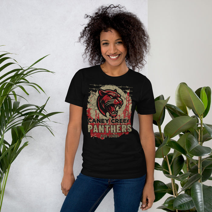 Woman wearing Caney Creek High School Panthers Black Premium Unisex T-shirt 202