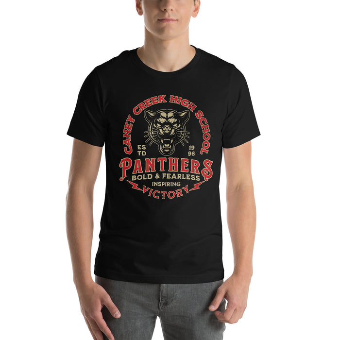 Man wearing Caney Creek High School Panthers Black Premium Unisex T-shirt 206