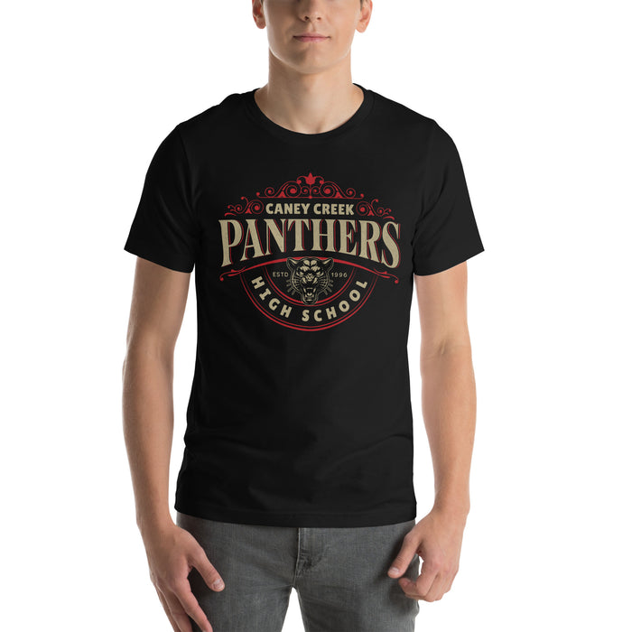 Man wearing Caney Creek High School Panthers Black Premium Unisex T-shirt 213