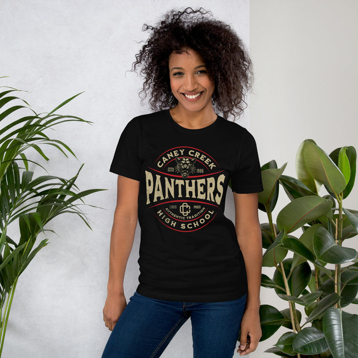 Woman wearing Caney Creek High School Panthers Black Premium Unisex T-shirt 218