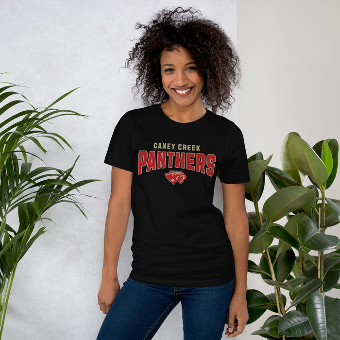 Woman wearing Caney Creek High School Panthers Black Premium Unisex T-shirt 222