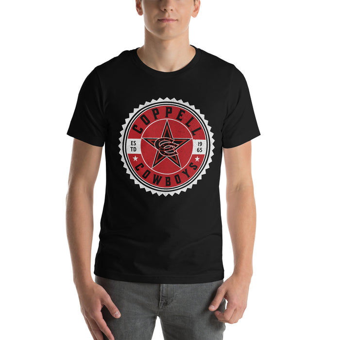 Man wearing Coppell High School Cowboys Black Premium Unisex T-shirt 203