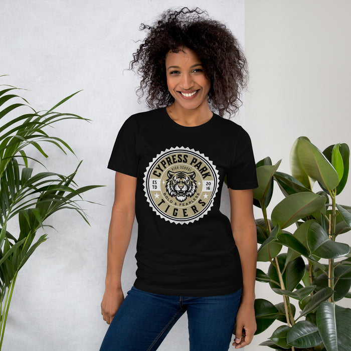 Woman wearing Cypress Park High School Tigers Black Premium Unisex T-shirt 203