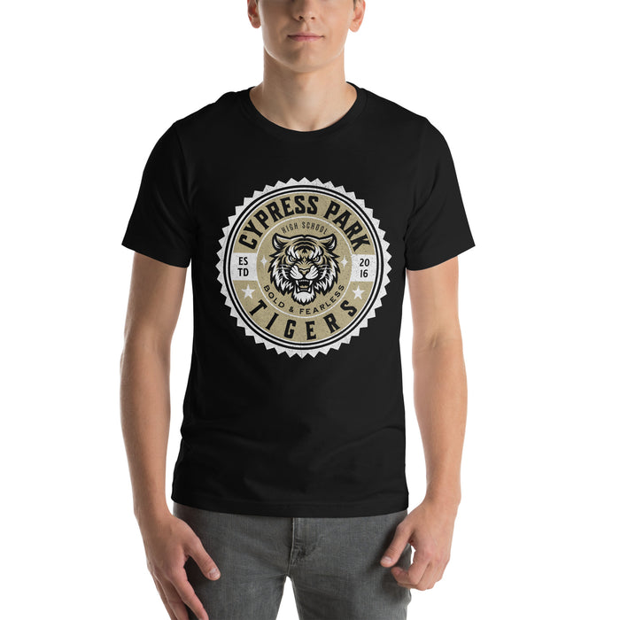 Man wearing Cypress Park High School Tigers Black Premium Unisex T-shirt 203